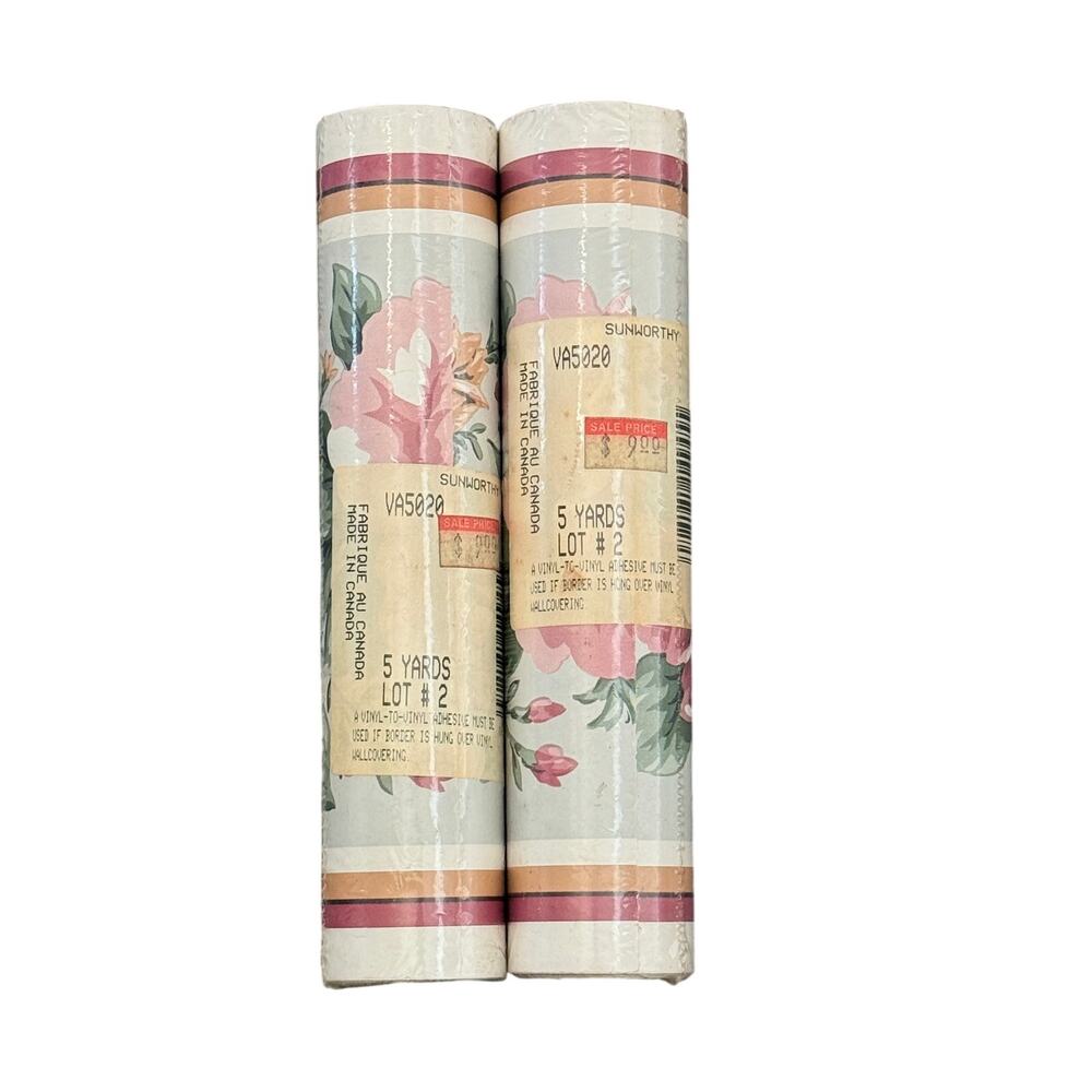 Sunworthy VA5020 Floral Wallpaper Border Pink Roses 5 Yd Lot of 2 Vintage NOS